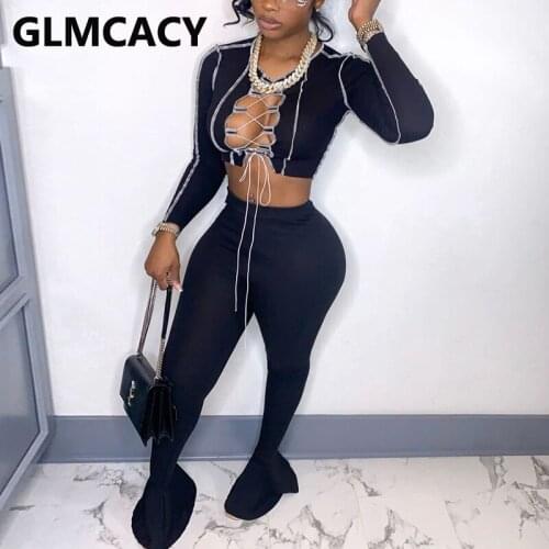 Two Piece Chic Streetwear Suits Long Sleeve Lace Up Crop Top & Slim Pants Set