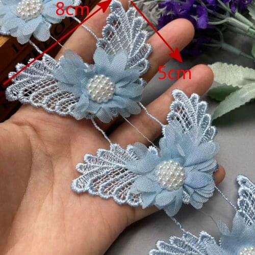 1 Yard 8cm Blue Pearl Beaded Lace Trim Ribbon Fabric Flower Butterfly Handmade Embroidered Applique Wedding Dress Sewing Craft