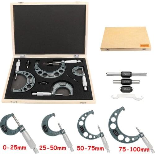4pcs Outside Micrometer Set Machinist Tool 0-4" 0-100mm 4 Precision 0.01mm Accuracy Carbide Micrometer Set