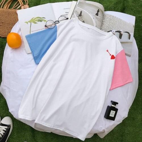 Bangtan Boys Tops Summer New Spell Color Cotton T Shirts Women Korean Kpop Kawaii Heart Printed Tee Shirt Femme Fashion Clothing