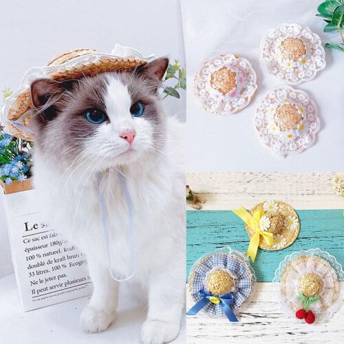 Elegent Bow Hats Pet Hat Dog Straw Hat Adjustable Strap Cat Beach Cap Puppy Kitten Sun Hat Woven Sombrero Cute Pet Accessories