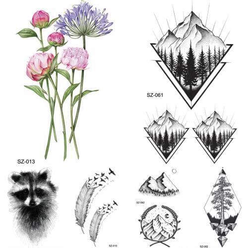 Illusive Temporary Tattoo Stickers Watercolor Flower Arm Fake Tatoos Triangle Tree Mountain Waterproof Tattoo Men Fashion Sylva