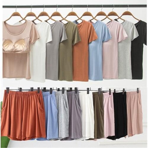 Summer modal short-sleeved shorts with chest pad set womens floor spread five-point pants home service pajamas pajamas set