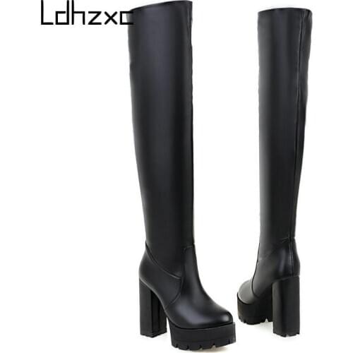 LDHZXC Band Designer Pu Leather Women Over The Knee High Boots Round Toe Boots Women Long Platform High Heel Boots Black