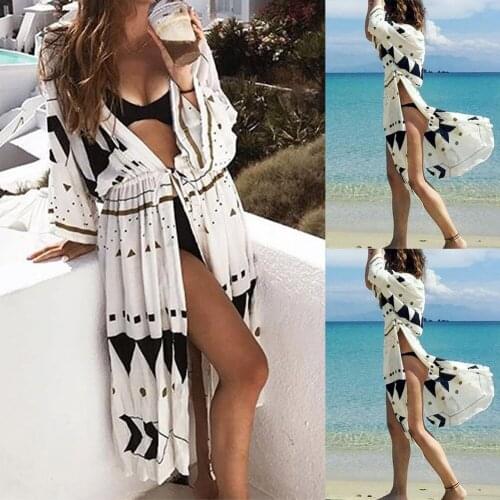 Fashion Women Cover Up Long Sleeve Deep V neck Summer Holiday Beachwear Bikini Swimwear Beach Dress