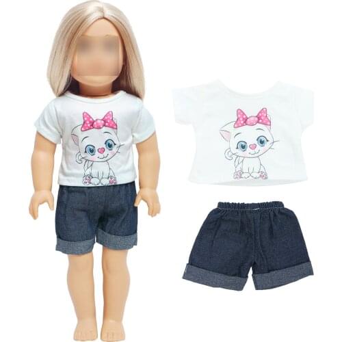 Fashion Lovely Doll Outfit Cat Pattern Shirt Short Pants Cute Clothes for 18 Inch 43 CM Baby Girl DIY Accessoriess House Toys