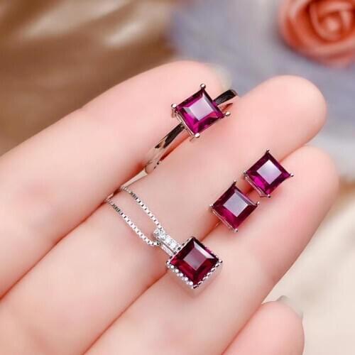 New Design Anniversary Best Gift Natural Garnet Jewelry Set 1pc Ring 1pc Pendant 1pair Earrings 925 Sterling Silver High Jewelry