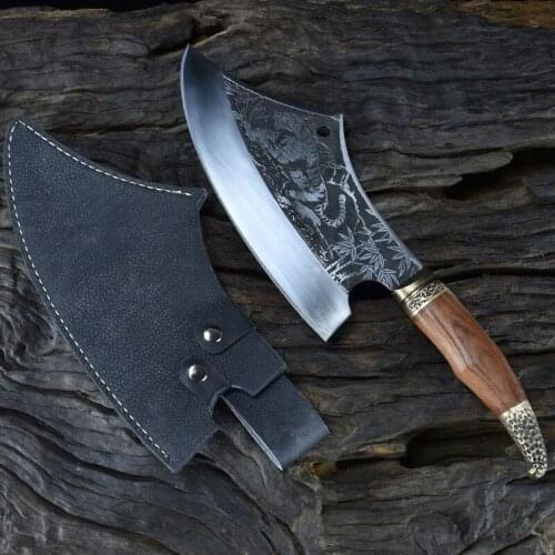 Longquan Hunting Knife High 7Cr17MoV Carbon Steel Kitchen Knives Tiger Veins Sharp Handmade Forged Chopping Cleaver Viking Knife