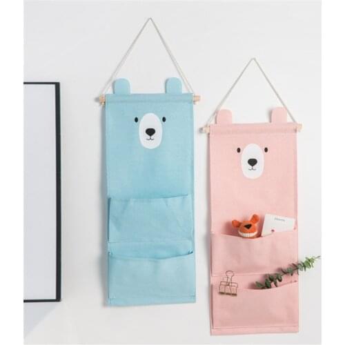 Ear Bear 2 Pockets Wall Hanging Storage Bags Cotton Linen Door Organizer Pouch Bedroom Home Decoration Kitchen Bathroom Storage