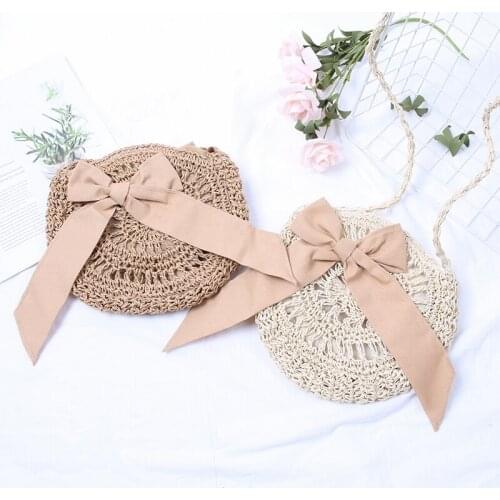 Handmade Bowknot Straw Bag Soft Woven Hollow Shoulder Bags Knitting Crossbody Bags Summer Beach Female Circle Tassel Handbags