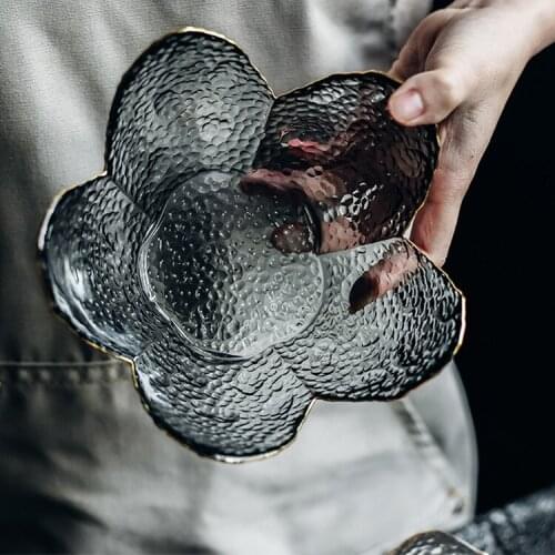 Glass Bowl Petal Soot Transparent Gold Salad Bowl Irregular Household Rice Bowl Fruit Bowl Hammer Serving Bowl