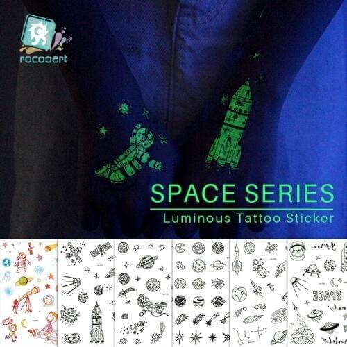 Rocooart Space Series Luminous Fake Tattoo Flash Taty Tatouage Glowing in Dark Waterproof Temporary Tatoo Sticker Body for Kids
