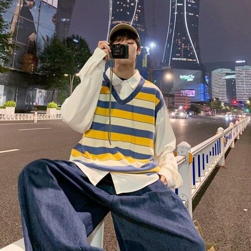 Thin fake two-piece sweater autumn Korean trend loose striped pullover shirt collar top fried street jacket