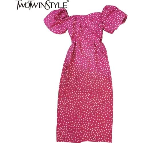 TWOTWINSTYLE Print Dot Hit Color Dress For Women Slash Neck Puff Short Sleeve High Waist Slimming Dresses Female 2021 Summer New