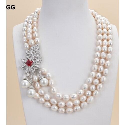 GuaiGuai Jewelry 22" 13mm White Baroque Rice Pearl Necklace CZ Pendant