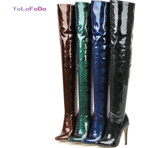 Patent PU Leather Women Over the Knee Boots Snake Print Fashion Pointed Toe Thigh Boots High Quality 2021 Winter Boots Big Size