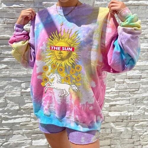 Sweet Girls Pink Tie Dye SUN Pattern Hot Fashion Sweatshirt Women Loose Oversized Hoodie Pullovers 2021Autumn Long Sleeve Casual