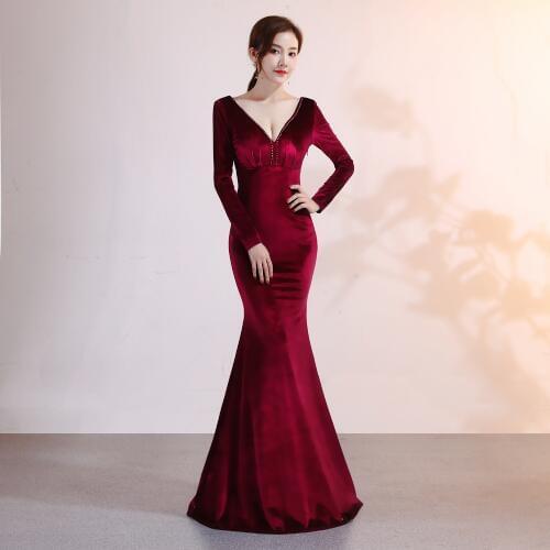Corzzet Sexy Velvet Red V-Neck Beaded Long Sleeve Backless Mermaid Dress Elegant Night Club Evening Party Dress Vestidos Women