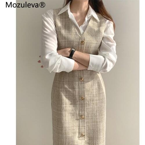 2021 New Autumn Women Vintage Bodycone Elegant Sleeveless Long Dress Minimalist V Neck Office Lady Retro Single Breasted Dress