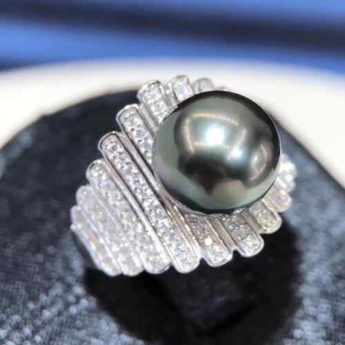 D726 Pearl Ring Fine Jewelry S925 Sterling Silver 10-11mm Nature Sea Water Black Tahiti Pearls Rings for Women Presents