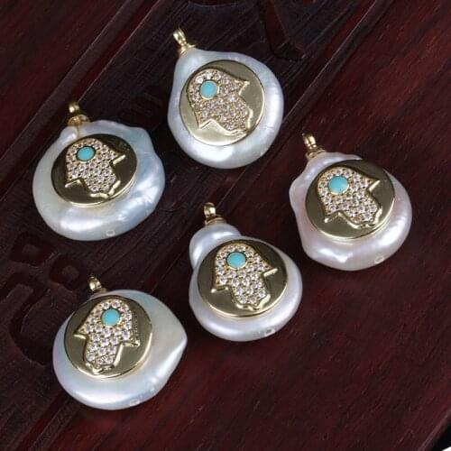 Gold coin real natural freshwater pearl bead white cz fatima hand hamsa blue eye luck protect charm for jewelry diy for choker