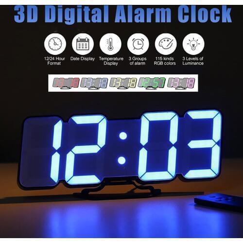 3D Digital Wall Clock 115 Colors LED Table Clock Time Alarm Temperature Date Sound Control Night Light With Remote Control Clock