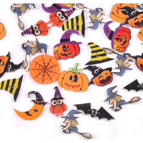 50Pcs Halloween Skull/pumpkin Flatback Wooden Buttons For DIY Scrapbooking Crafts Sewing Clothing Accessories Home Decor m2718