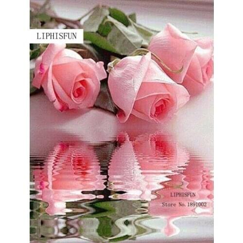 5D Full Drill Diy Diamond Painting Pink Flower Reflection In Water Cross Stitch Square Diamond Embroidery Home Decoration
