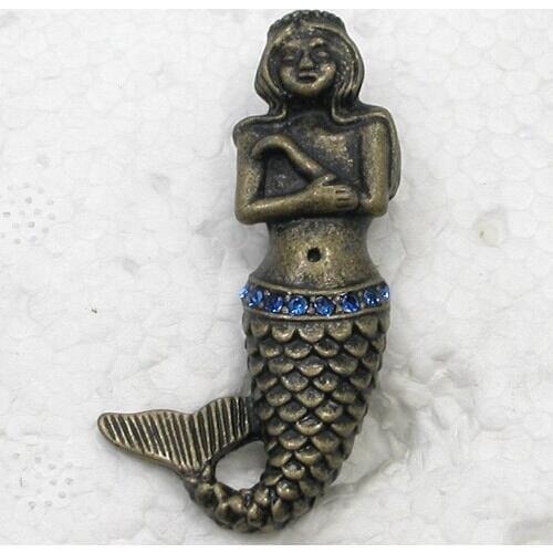 Antique bronze Mermaid Brooch Clear Rhinestone Pin brooches C883 B4
