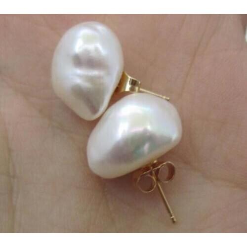 Free shipping AAA 11x13mm South Sea White Baroque Pearl Earrings 14k/20 YELLOW GOLD
