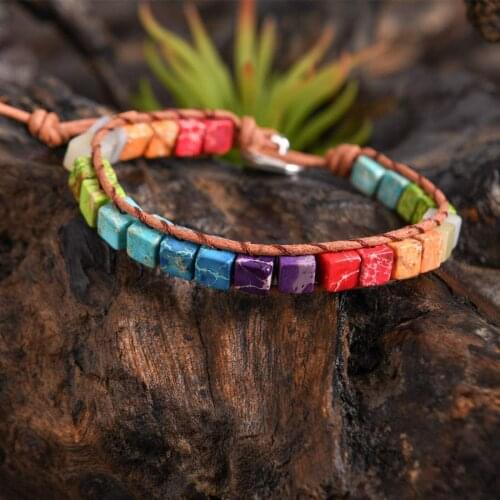 Bohemia 7 Chakra Bracelet Jewelry Handmade Multicolor Natural Stone Tube Beads Leather Wrap Bracelet Couples Bracelets Gifts