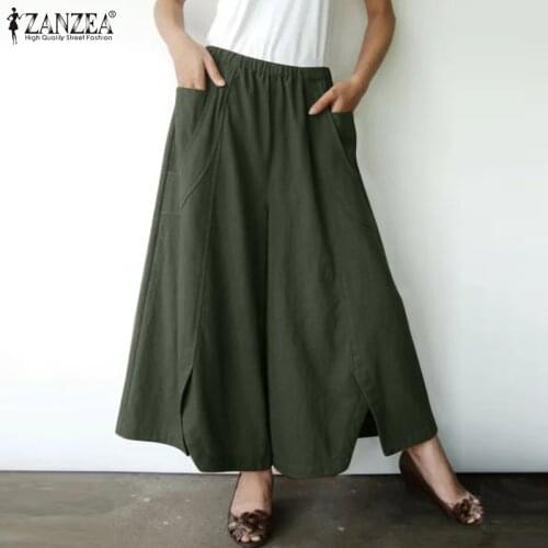 ZANZEA Vintage Solid Summer Trousers Women Wide Leg Pants Female Casual Elastic Waist Palazzo Oversized Loose Cotton Pantalon