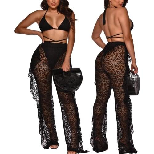 Women See-through Bikini Cover Ups Lace Hollow Out High Waist Long Pants with Ruffles Female Mesh Sheer Fishnet Pants Trousers