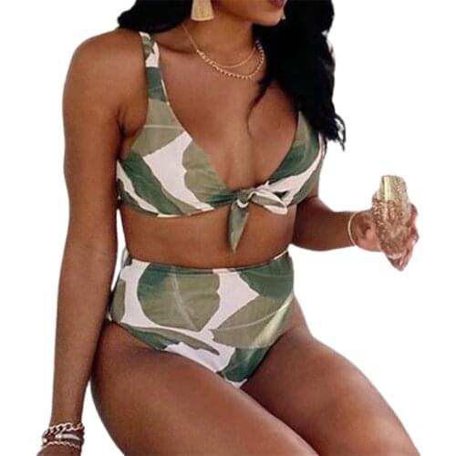 Womens Vacation Style Printed Bikini Suit, Deep V-neck Front Lace-up Tank Tops with High Waist Triangle Bottoms