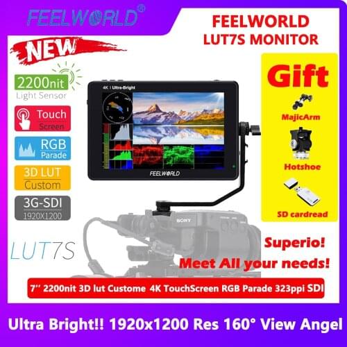 Feelworld LUT7S 7 Inch 2200nits 3D LUT Touch Screen DSLR Camera Field Monitor with Waveform VectorScope Histogram 3G-SDI HDMI