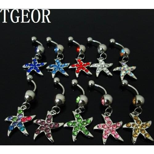 New arrival 1 Pair gem stone never ring Stainless Steel with dangle rim stones Starfish belly button ring