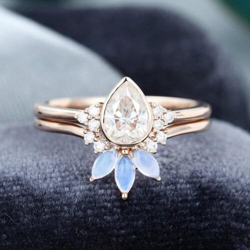 EDI Pear Shaped Moissanites Engagement Cluster Diamond Ring Solid 14k Rose Gold Marquise Cut Moonstone Ring Bridal Wedding Set