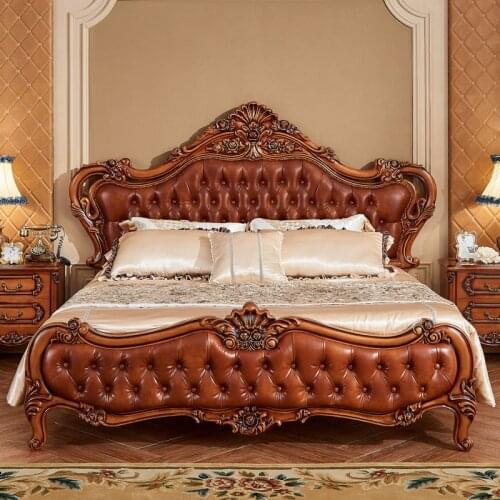 European-style genuine leather bed solid wood carving master bedroom double solid wood1.5m 1.8 m 2m luxury American wedding bed