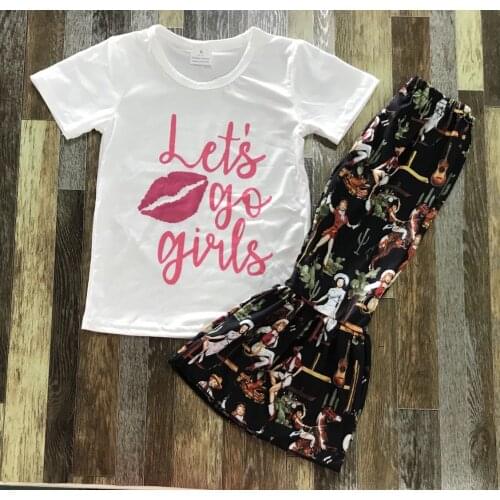 Newest Kids Clothes Fashion Baby Girl summer lets go girls lip print top vintage flared trouser set