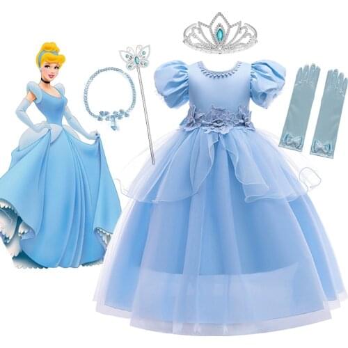 Disney luxury Princess Cinderella Dress Girls Fancy Puff Sleeve Vestidos Halloween Cosplay Costume Kids Dress up Clothing 3-10T