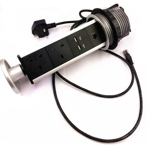 Customized Retractable Kitchen Pop up Electrical Socket 2 UK Plug Power+ 2 USB Charging +1CAT6 Hidden Desktop Pulling Socket