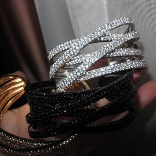 Promotion Sale Cubic Zircon stone hollow out Geometric Wide cuff line crossed bracelet bangle black party jewelry for women