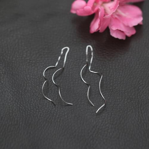 REAL. 925 STERLING SILVER jewelry Fish Shape WaterWave Ear &Chain Pull Through Threader Earrings Long Dangle GTLE359