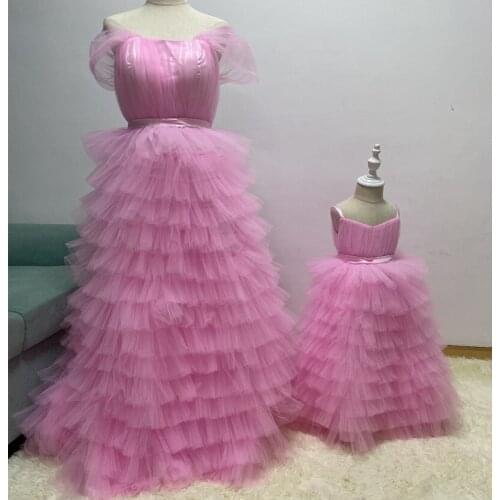 Pink Tulle Mother Daughter Dresses Princess Gowns Mom Kid Matching Dresses Birthday Celebration Dresses Custom