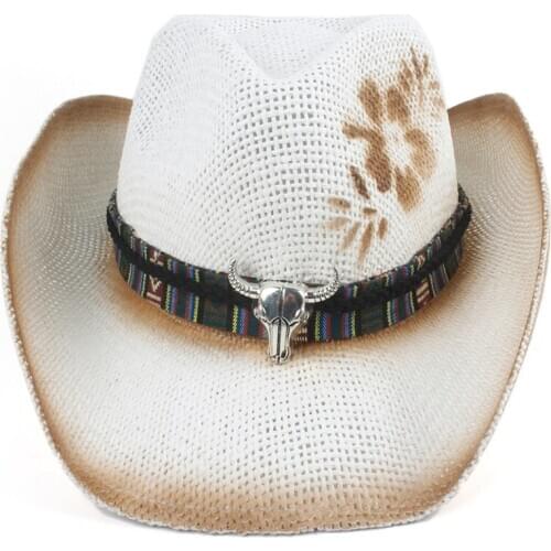 Flower Women Straw Hollow Western Cowboy Hat Lady Handmade Bohemia Sombrero Hombre Beach Cowgirl Jazz Sun Hat Size 56-58CM