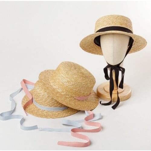 Wheat straw flat-top straw hat with straps outdoor beach travel shade sunscreen wide-brimmed straw hat