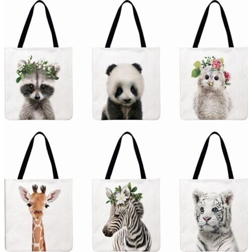 Cute Animal Printing Tote Bag For Women Shoulder Bag Linen Febric Casual Tote Reusable Shopping Bag Foldable Beach Bag Hand Bag