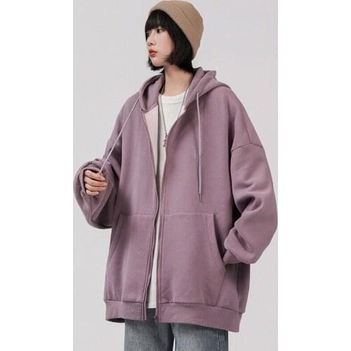 Autumn winter Korean zipper hooded plus velvet thick oversized Harajuku style retro solid color long-sleeved hoodie