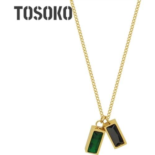 TOSOKO Stainless Steel Jewelry Green Black Zircon Double Pendant Necklace Womens Elegant Clavicle Chain BSP263