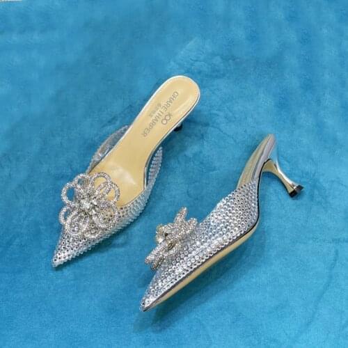 Italian Star mach fw21 high heel sandals, womens shoes, Crystal Diamond Sunflower, pointed, soft leather upper, box dust bag